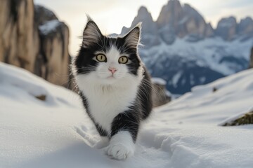 Fototapeta premium Cat exploring snowy landscape with mountains in the background during winter afternoon light