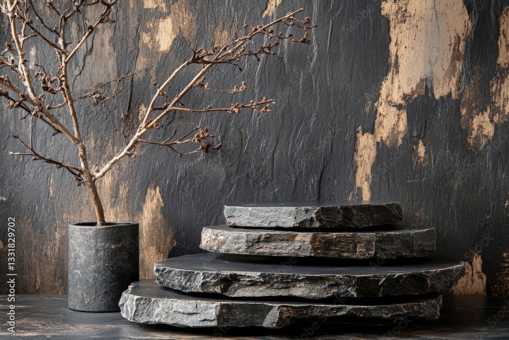 Poster decorative arrangement with stone slabs and bare branches on textured wall background
