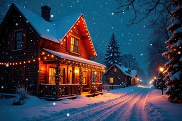 Fototapeta premium A building's exterior is adorned with festive holiday lights, snowy night, sparkling snow, colorful lanterns