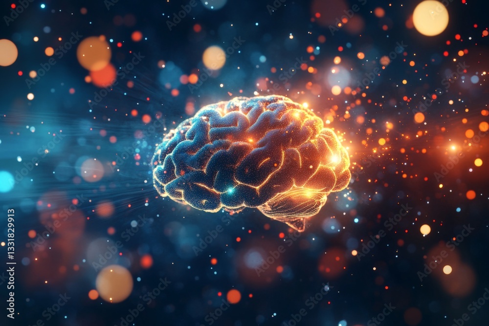Aufkleber Illuminated brain with vibrant light particles in a dark background illustrating cognitive activity and neural connections