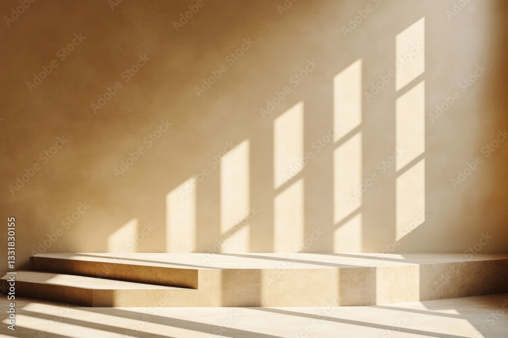 Poster Sunlight streaming through windows creates striking shadows on minimalist architecture in an indoor space
