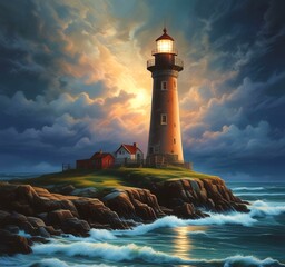 Naklejka premium Illustration of lighthouse with starry sky.