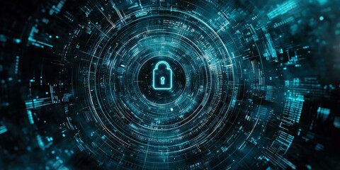 professional visualization of online security, featuring a glowing neon lock at the center of a futuristic data tunnel