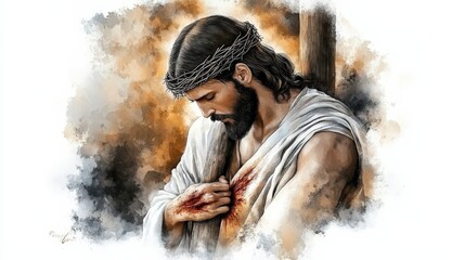 Religious Art of Jesus Christ's Crucifixion: Spiritual Faith and Devotion in Watercolor. Digital watercolor illustration