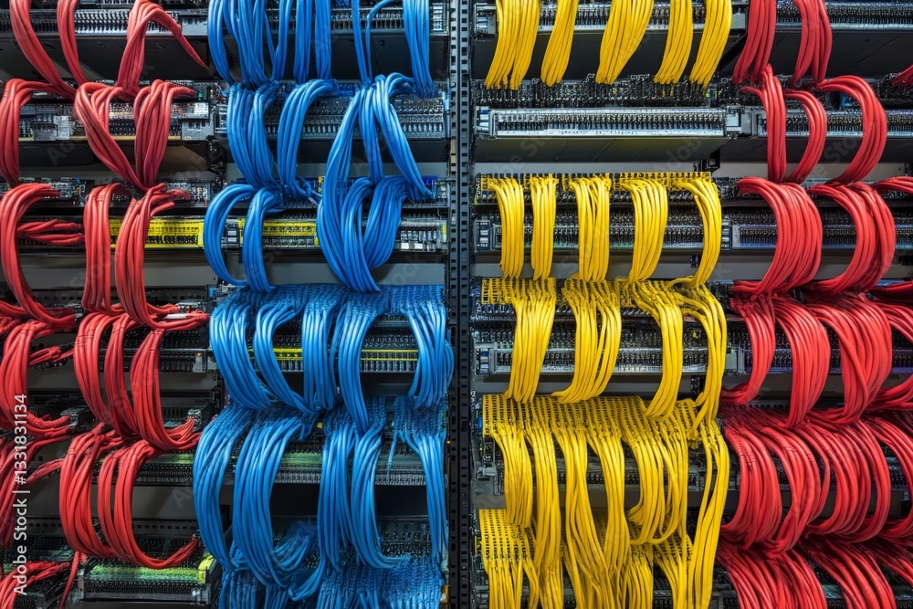 Poster Colorful network cables organized neatly in a data center with a focus on infrastructure and connectivity