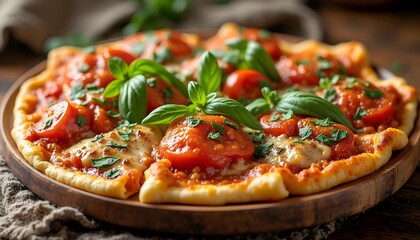 A delicious pizza topped with fresh tomatoes and basil, presented on a rustic wooden platter.