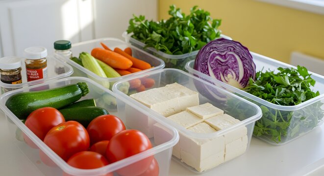 Fresh vegetables and tofu neatly arranged in meal prep containers, featuring tomatoes, carrots, zucchini, cabbage, and herbs, promoting healthy eating and organization.