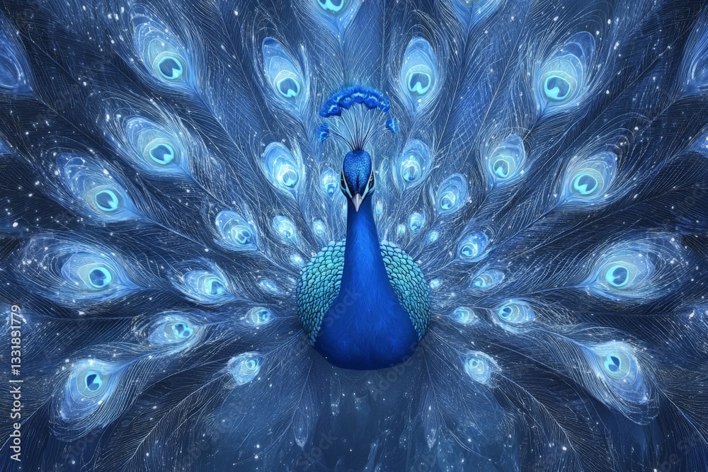 Poster majestic peacock displaying vibrant feathers in a blue and sparkling atmosphere at twilight
