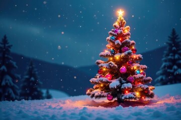 Obraz premium A Christmas tree adorned with colorful ornaments shines brightly in the midst of a snowy landscape, christmas tree, illuminated, snow