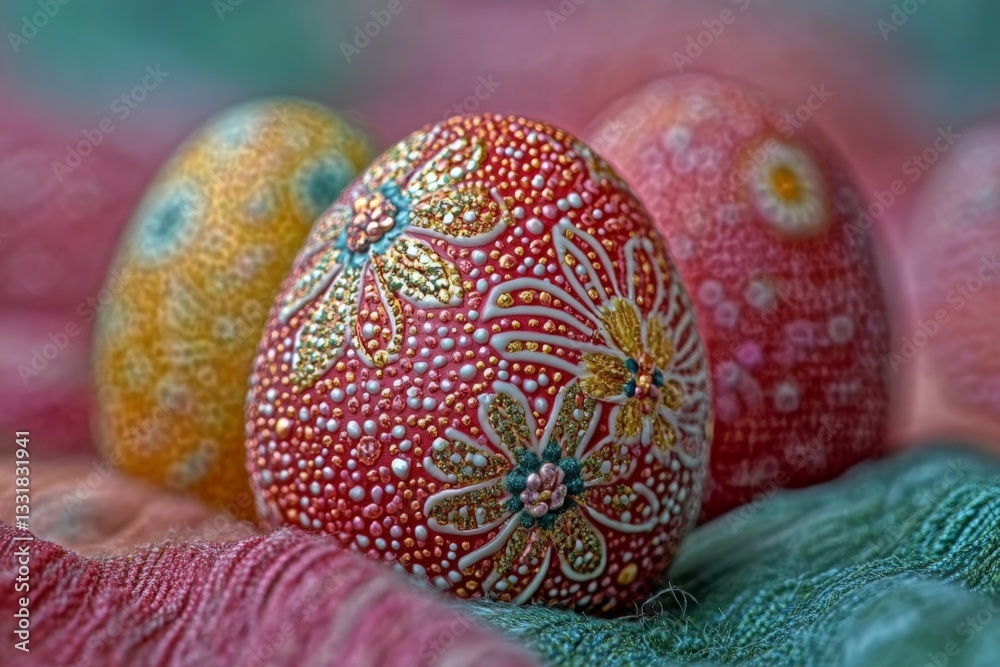 Poster intricate handmade decorative easter eggs arranged on a colorful textile background