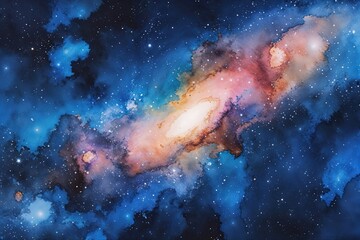 Fototapeta premium Extraordinary Luminous Watercolor Galaxy Backdrop in Azure Cosmos
