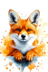 A watercolor painting of a red fox peeking over a blank sign