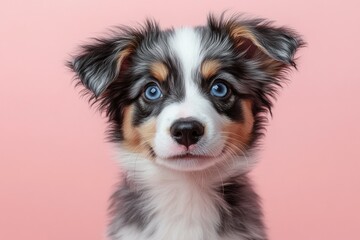 Fototapeta premium Cute Australian Shepherd Puppy with Blue Eyes on Pink Background