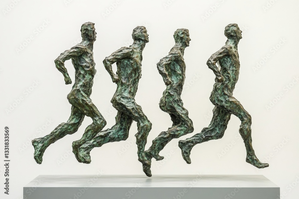 Poster Sculpture of four runners in motion displayed in a modern art gallery setting