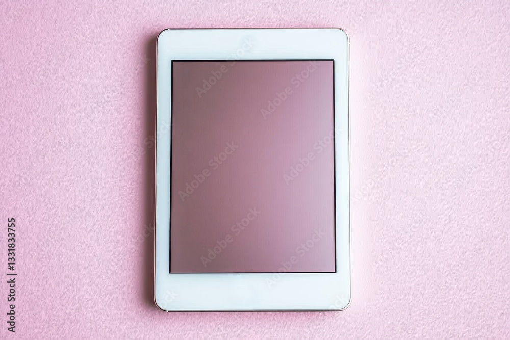 Fototapete overhead shot of a white tablet with a light pink screen displayed on a soft pink background with sp