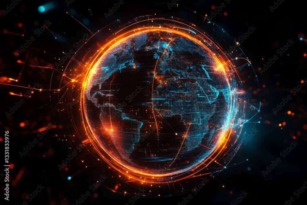 Poster Digital representation of Earth surrounded by glowing circuits in a dark space environment demonstrating technology and connectivity