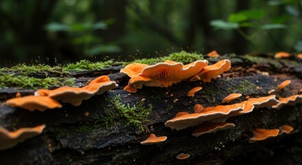 Obraz premium Orange Mushrooms Growing on Mossy Log in Forest Undergrowth