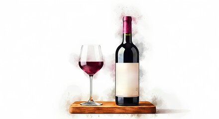Watercolor illustration of a bottle of red wine with an empty label next to a glass filled with red wine on a wooden board on a white background with a place for text.
