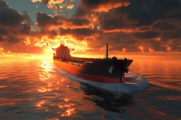 Massive cargo ship sailing across the ocean during vibrant sunset with reflection on water surface and dramatic clouds in the sky