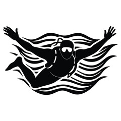 Scuba diver silhouette in cutout art style, Silhouette of a Scuba Diver Swimming Underwater, Black Minimalist Vector Design