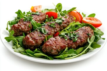 Delicious Grilled Meat Patties on Fresh Green Salad with Cherry Tomatoes and Herbs