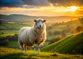 Fototapeta premium Serene Countryside: Fluffy Sheep Standing Tall, Symbol of Comfort and Tranquility
