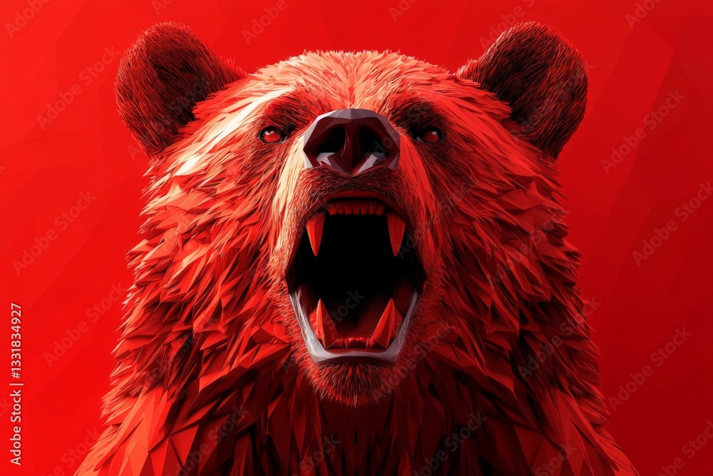 Poster fierce bear with bold red background showcasing powerful stance and intricate details of fur and exp
