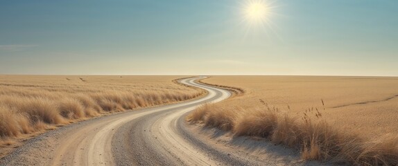 Gravel Road Through Dry Golden Field Under Clear Blue Sky