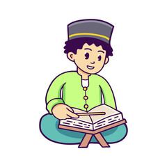 Muslim boy reading the Quran on a Rehal with a pointer stick