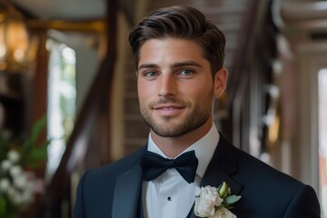 Groom stands proudly in formal attire with a classic bow tie and floral boutonniere at an elegant venue during a wedding ceremony