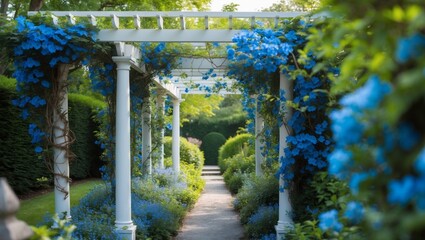 Fototapeta premium beautiful garden pathway with white pergola and blue flowering vines in a lush green garden - perfect for tranquil outdoor spaces