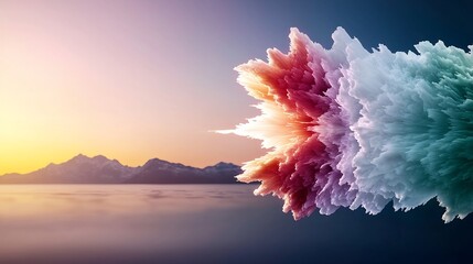 Abstract colorful explosion cloud formation over a misty mountain range at sunrise.