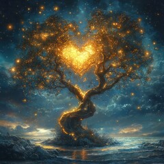 Obraz premium Majestic Mystical Tree of Life with Heart-Shaped Branches in a Surreal Galaxy Landscape