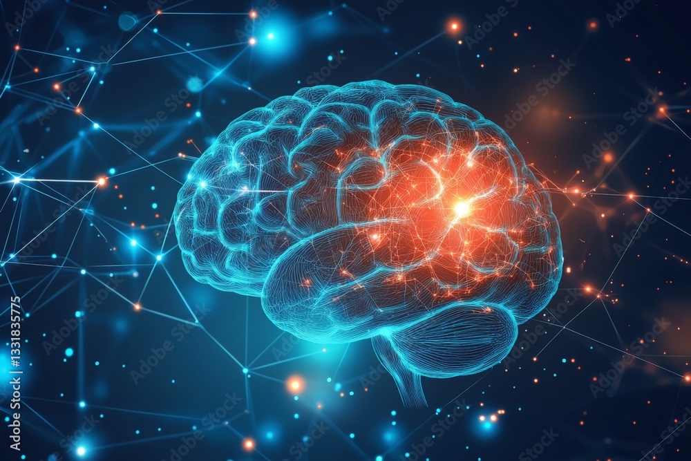 Aufkleber neural connections illuminate the brain in a digital representation of cognitive processes and brain