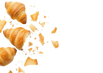 isolated transparent Background. Crispy and flaky croissants scattered on transparency background, showcasing delicious pastry texture and crumbs