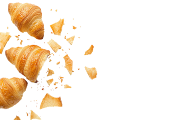 isolated transparent Background. Crispy and flaky croissants scattered on transparency background, showcasing delicious pastry texture and crumbs