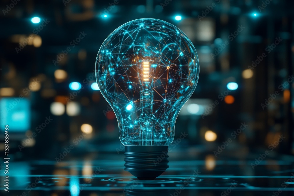 Poster illuminating the future with a glowing light bulb surrounded by digital connections in a modern envi