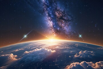 Obraz premium Majestic Views of Earth and Sunlight Under the Milky Way Galaxy