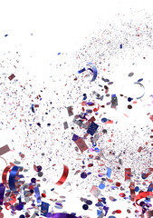 Festive confetti explosion, perfect for party, celebration, or holiday designs. Red, blue, silver.