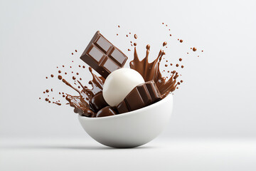 a coffee bean and splashes of chocolate on a white background,
