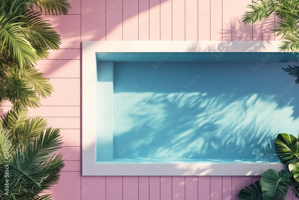 Poster Contemporary swimming pool design surrounded by lush greenery in a tropical setting at midday