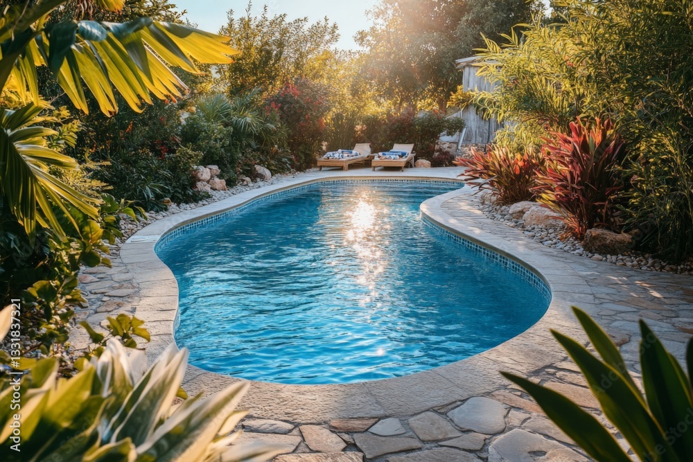 Poster relaxing oasis with sparkling pool surrounded by lush greenery in warm sunlight