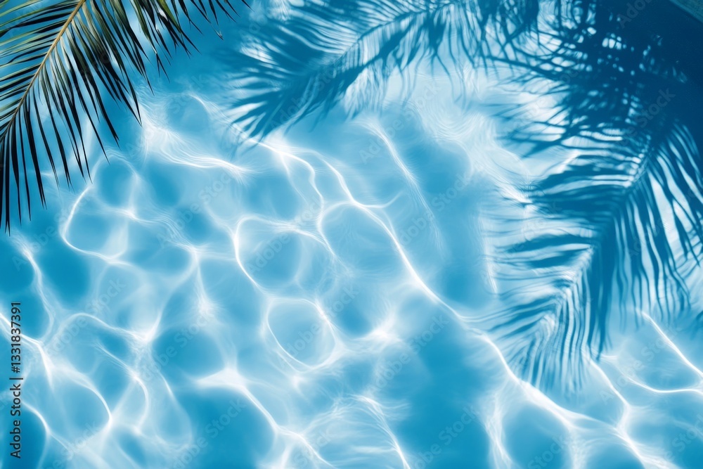 Poster clear blue pool water reflects palm tree shadows in a serene outdoor setting during a sunny afternoo