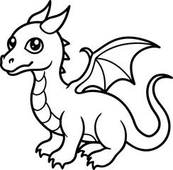 Fototapeta premium Simple line art drawing of an adorable cartoon dragon with big eyes and small wings, ideal for printable fantasy designs, fairytale decorations, and kids’ activity sheets. 