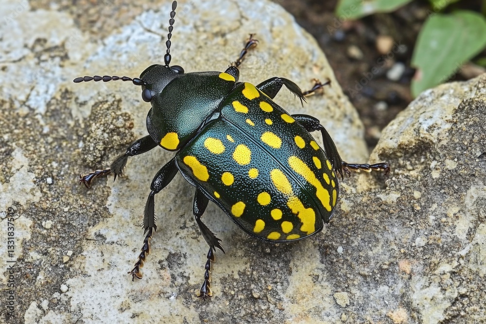 Poster colorful beetle resting on a stone in a lush garden during daylight hours with vibrant greenery surr