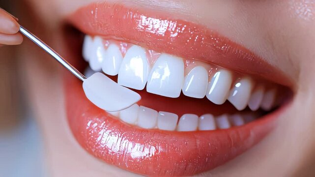 Close-up of a dental veneer being applied to a front tooth, showcasing cosmetic dentistry