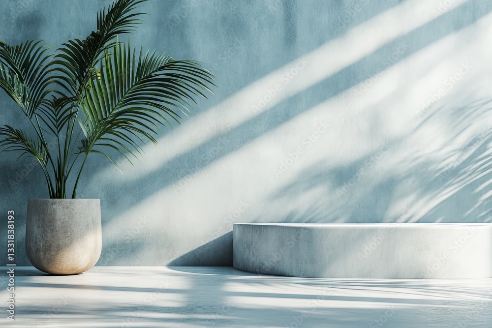 Poster serene indoor space with modern design featuring a potted plant and minimalistic architecture