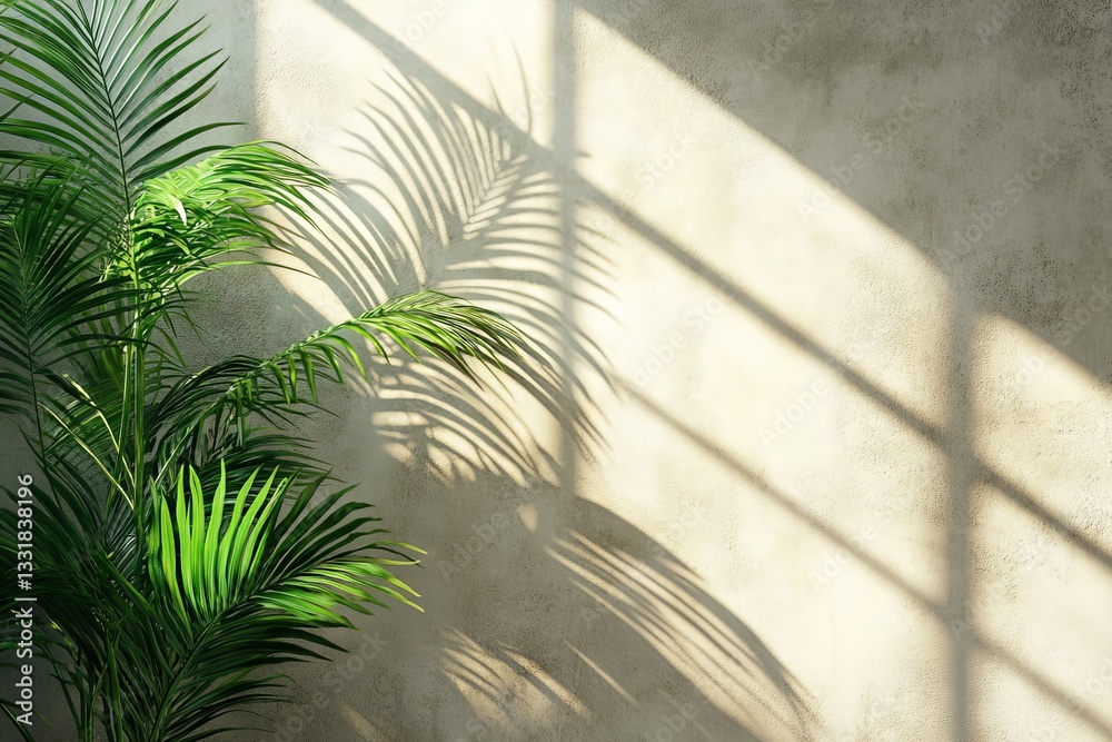 Poster Sunlight creating patterns on a wall with shadows of a lush green plant in a peaceful indoor setting