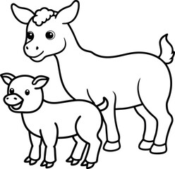 Fototapeta premium Simple line art drawing of baby farm animals, including a piglet and a foal, ideal for printable children’s books, countryside graphics, and livestock-related educational designs. 