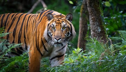 Fototapeta premium Malayan tiger with sleek orange fur and bold black stripes stalking quietly through dense jungle foliage. Wild, powerful, and cinematic wildlife moment captured in natural habitat.